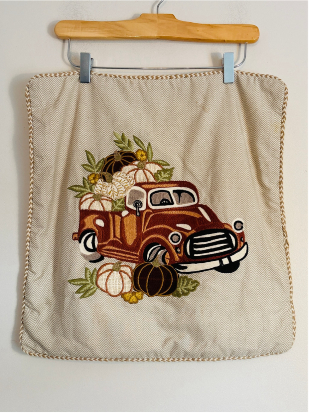 Pier 1 Imports Accent Pillow Cover Beige Brown Pumpkin Truck Embroidery Autumn